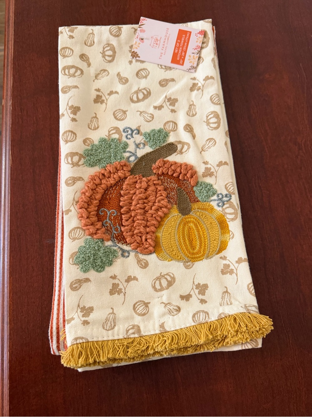 Set is 3 NWT Autumn Pumpkin Embroidered Kitchen Towel - Cream, Orange & Yellow